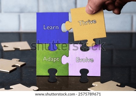 Learn Adapt Evolve Thrive, Growth Mindset, Self Improvement, Wooden Puzzle Pieces