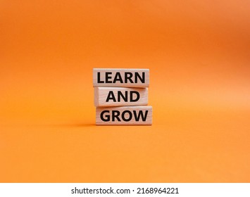 Learn and grow symbol. Concept words 'Learn and grow' on wooden blocks. Beautiful orange background. Business and Learn and grow concept. Copy space. - Shutterstock ID 2168964221