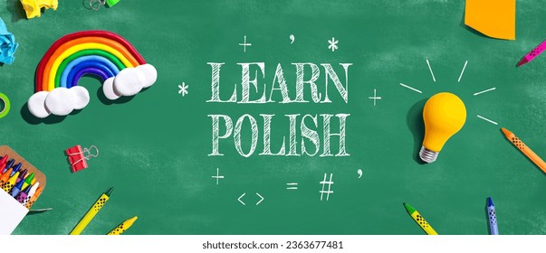 Learn Polish theme with school supplies overhead view - flat lay