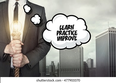 Learn practice improve text on speech bubble with businessman