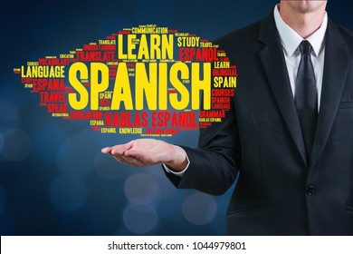Learn Spanish language words cloud presented by a man