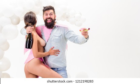 Learn to strip dance for your boyfriend. Strip dance surprise for boyfriend birthday. How to strip tease and lap dance. Girl naked strip dancer hug happy hipster. Man enjoy sexual birthday surprise.