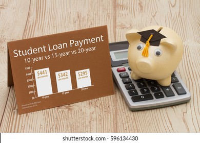 Learning About Student Debt, Piggy Bank With Grad Cap On Calculator With Greeting Card And An Infographic On The Student Loan Payment