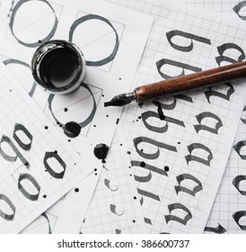 learning calligraphy - paper with example and brush ink