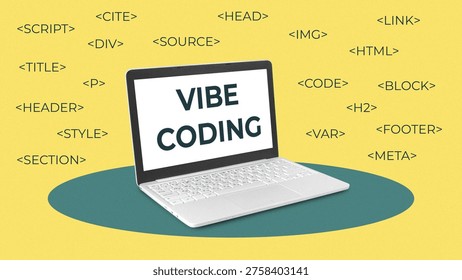 Learning to code with a laptop showing web development commands on a yellow background