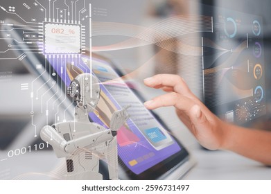learning concept children using computer in classroom working with robot analysing or creating program and data chart, kid skill development and activity