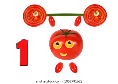 Learning to count. Cartoon figures of vegetables and fruits, as an illustration of mathematical education for children of preschool age.