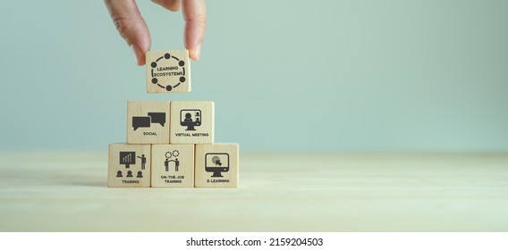 Learning ecosystems concept. Building a blended learning ecosystems. Necessary for digital evolution and transformation.  Holding wooden cubes with text"Learning Ecosystems"on grey background. - Shutterstock ID 2159204503