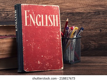 Learning English Concept. Book On A Wooden Background