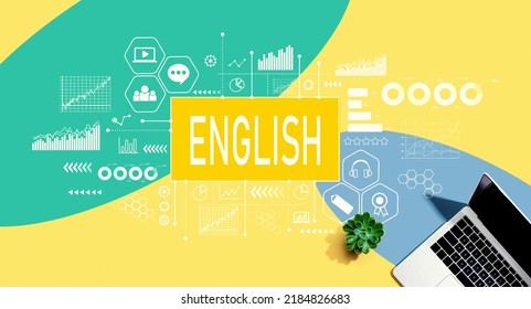 Learning English concept with a laptop computer on a yellow, green and blue pattern background - Shutterstock ID 2184826683