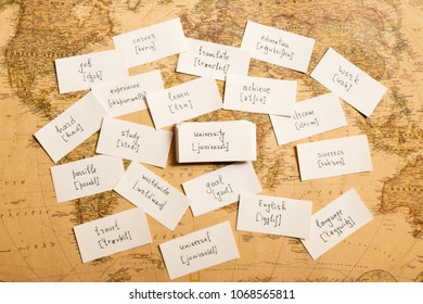 Learning English Words By Cards. University And Transcription