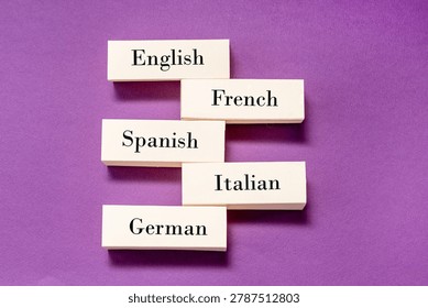 Learning foreign languages concept, words English, Italian, German, French, Spanish write on blocks