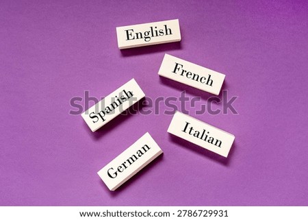 Learning foreign languages concept, words English, Italian, German, French, Spanish write on blocks