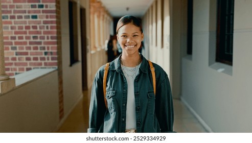 Learning, hallway and portrait of girl at school with backpack for lesson, studying or knowledge. Happy, teenager and student from Mexico in corridor of academy for education class with scholarship. - Powered by Shutterstock