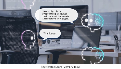 Learning JavaScript, AI icons and text bubbles on computer screen in modern office. Technology, programming, artificial intelligence, coding, innovation, software