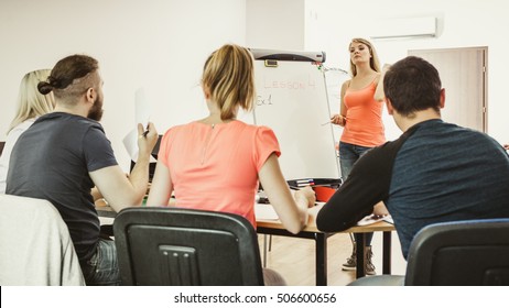 Learning Language - English Concept. Female Teacher Tutor Near Whiteboard Screen Giving Lesson, Students Making Notes. Studies Course