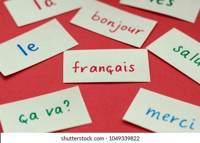 Learning languages - flash memo cards with French words on red background