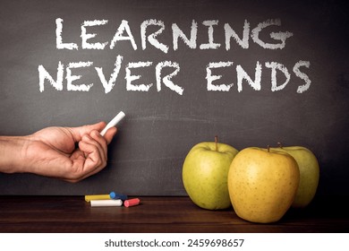 Learning Never Ends. Text on a dark chalk board.