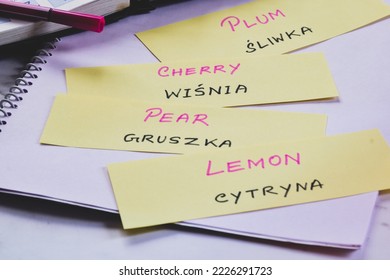 Learning Polish with fruits name on flash cards; English to Polish language translation. Selective focus.