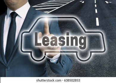 Leasing car touchscreen is operated by man concept.