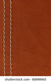 Leather Background In Brown With White Stitches