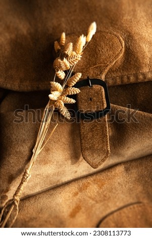 Leather backpack or knapsack and strand of dried grass in warm rustic lighting.  Intentionally shot with retro feel and low key shadows. 