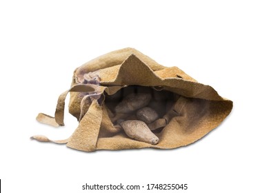 Leather Bag Full Of Almond Shaped Lead Sling-bullets. Selective Focus