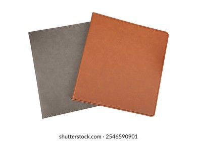 Leather binding, leather folder cover mockup, office stuff. Concept shot, top view, isolated white background
