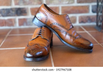 Leather Brown Derby Glazed Brogues Dress Shoes