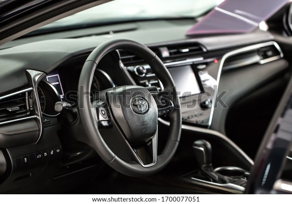 Leather car
interior, dark upholstery. Toyota Comfortable car, interior
cleaning. Control panel, automatic transmission, car steering
wheel. Shymkent Kazakhstan April 15,
2019