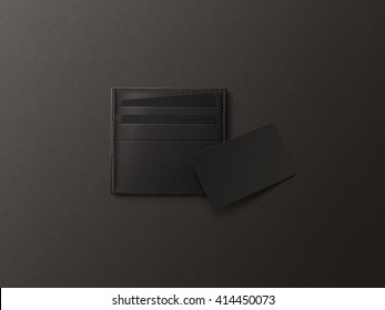 Leather Card Holder With Blank Black Card Mock Up Isolated. Business Credit Cards Mockup In Sleeve Cardholder Pocket. Clear Paper Visiting Id Cards In Grey Wallet Box. Logo Design Presentation.