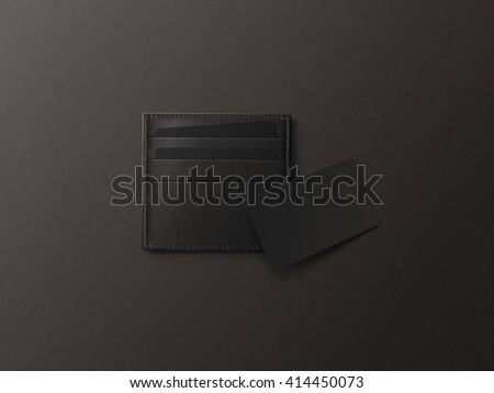 Leather card holder with blank black card mock up isolated. Business credit cards mockup in sleeve cardholder pocket. Clear paper visiting id cards in grey wallet box. Logo design presentation.