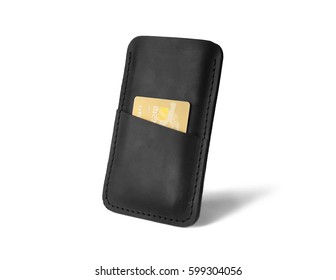 Leather Case For Mobile Phone And Credit Card On White Background