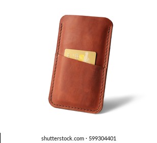 Leather Case For Mobile Phone And Credit Card On White Background