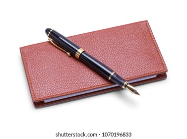 Leather Checkbook With Fountain Pen Isolated On White Background.