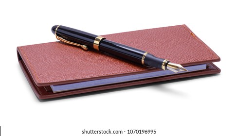 Leather Checkbook And Pen Isolated On A White Background.