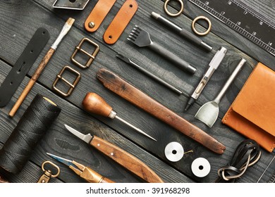 Leather crafting DIY tools flat lay still life  - Shutterstock ID 391968298