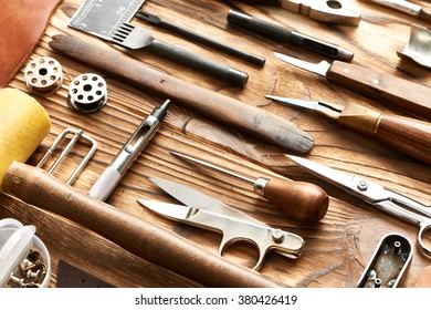 Leather crafting DIY tools still life  - Shutterstock ID 380426419