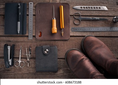 Leather crafting. Tools flat lay still life