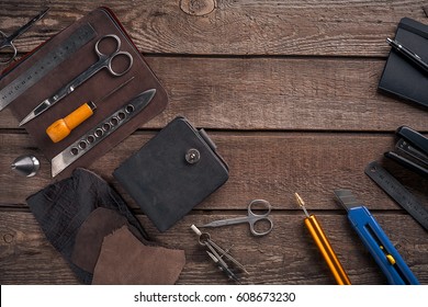 Leather crafting. Tools flat lay still life