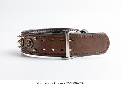 Leather Dog Collar With Spikes Isolated On White Background, Side View.