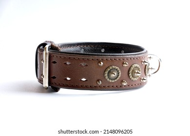 Leather Dog Collar With Spikes Isolated On White Background, Side View.