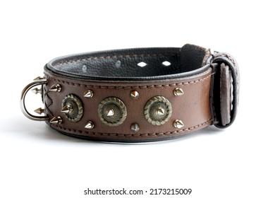 Leather Dog Collar With Spikes Isolated On White Background, Side View.