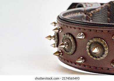 Leather Dog Collar With Spikes Isolated On White Background, Side View. Copy Space.