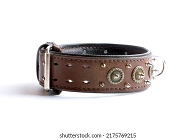 Leather Dog Collar With Spikes Isolated On White Background, Side View.