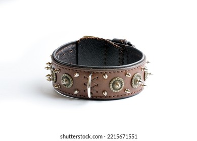 Leather Dog Collar With Spikes Isolated On White Background, Side View.