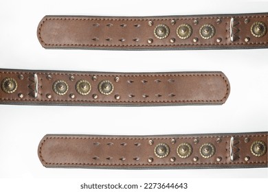 Leather Dog Collar With Spikes Isolated On White Background, Flat Lay.