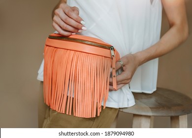 Leather Fringe Bag. Orange Shoulder Bag. Leather Fringe Purse.