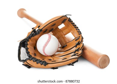 Leather glove with baseball and bat isolated over white background