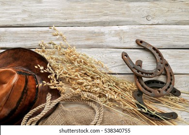 Leather hat, rope, burlap, horseshoes, oat on wooden background 